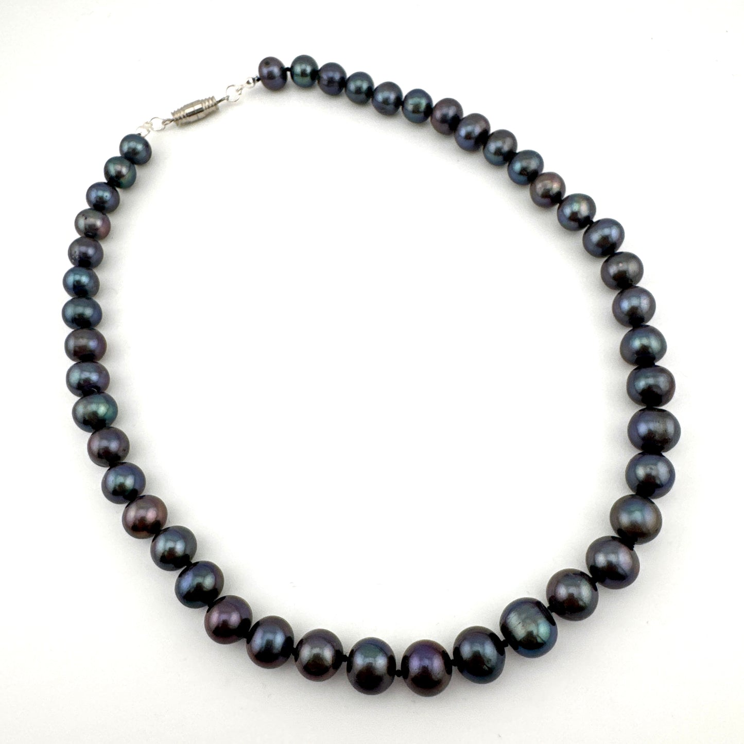 Peacock Cultured Pearl Necklace - Black Pearls - Hand Knotted - Collar Length - Silver Plated Clasp