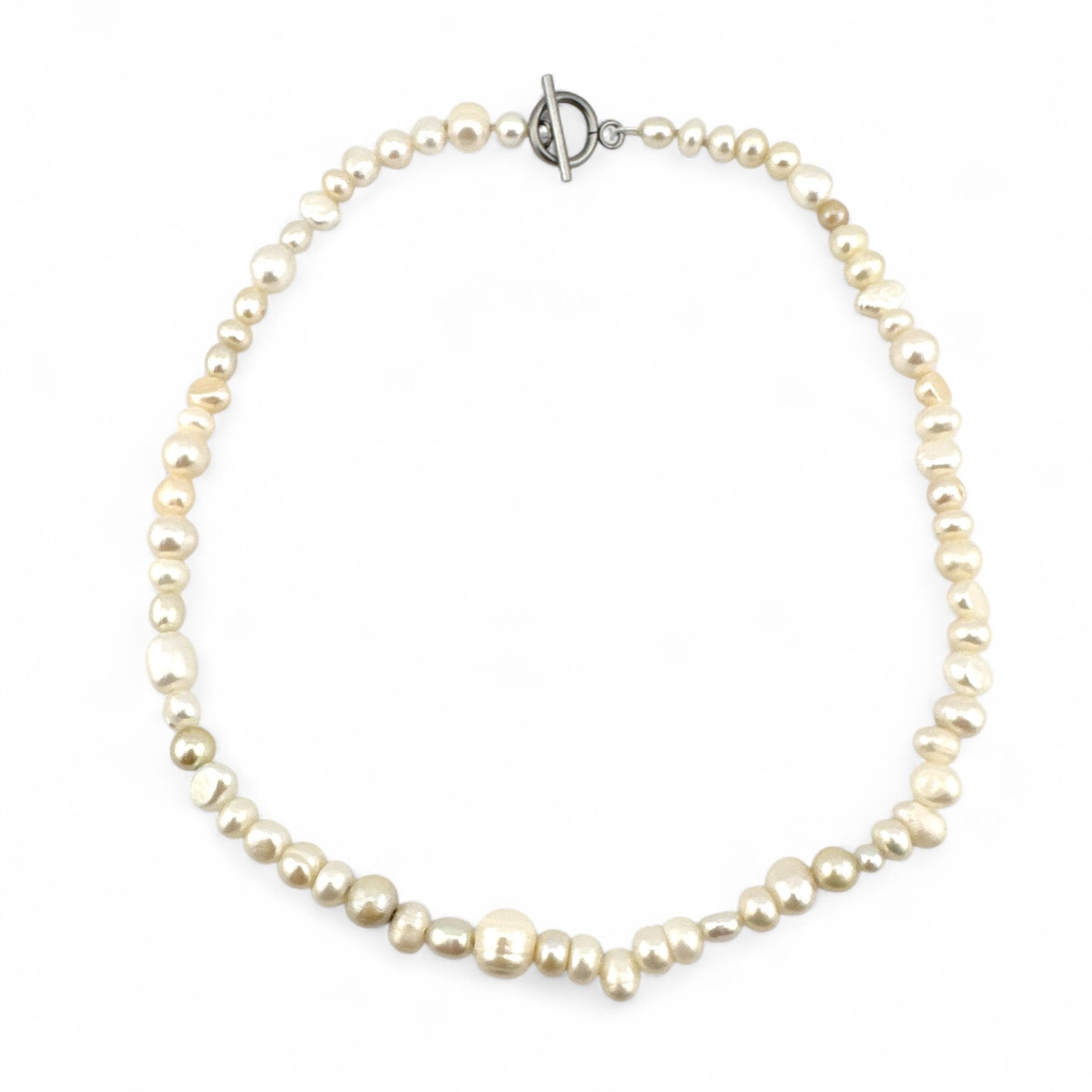 Mismatched Cultured Pearl Necklace - Natural Colour - Collar Length - Silver Plated Fastening