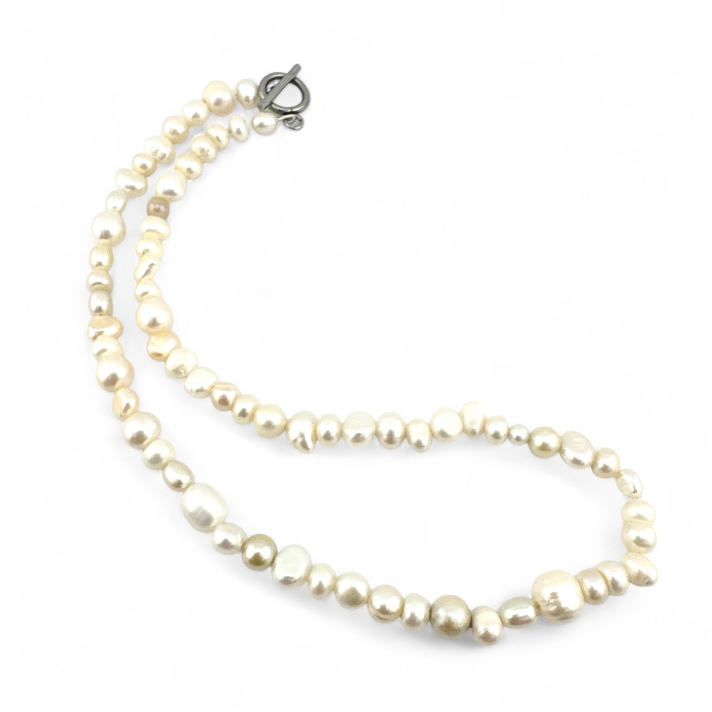 Mismatched Cultured Pearl Necklace - Natural Colour - Collar Length - Silver Plated Fastening