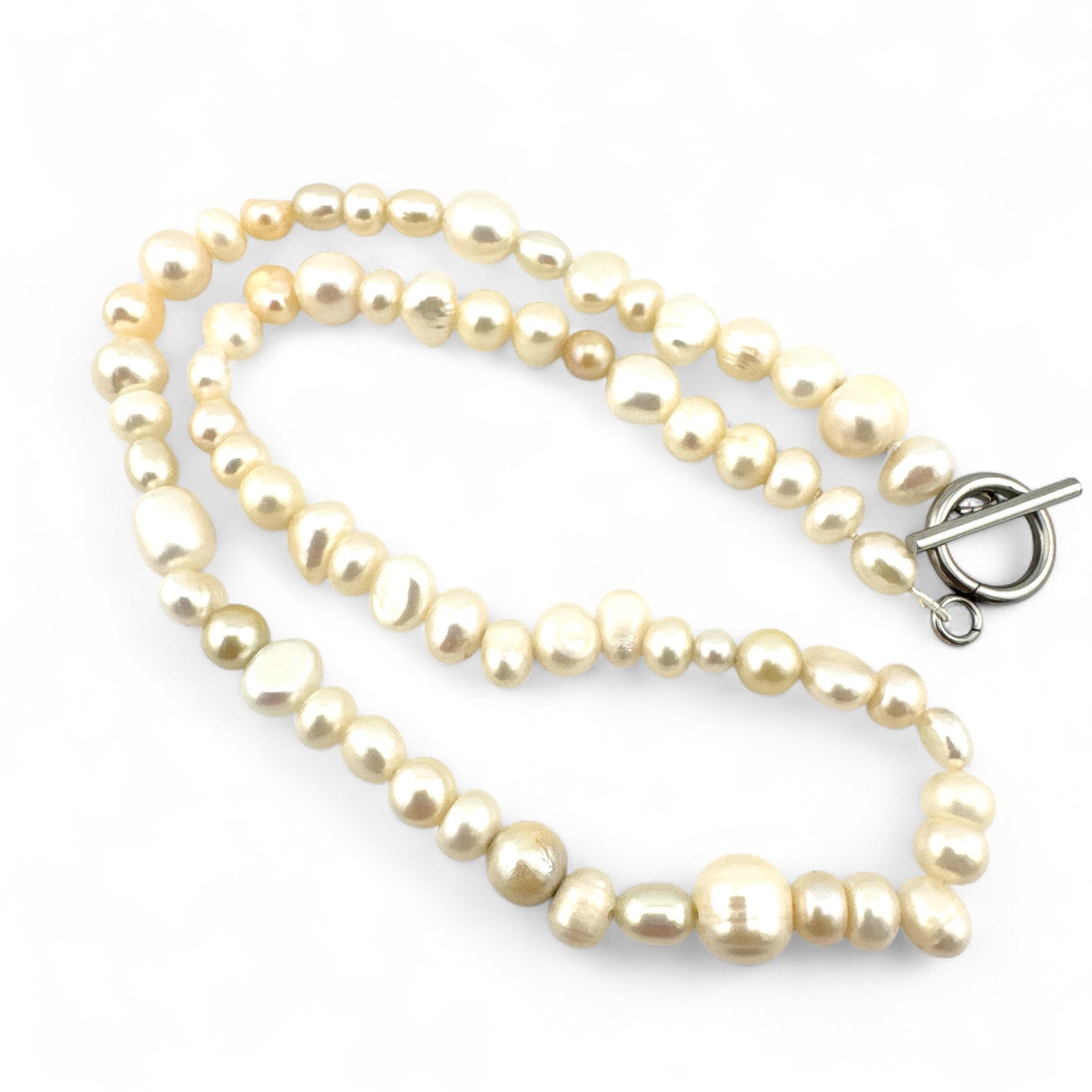 Mismatched Cultured Pearl Necklace - Natural Colour - Collar Length - Silver Plated Fastening