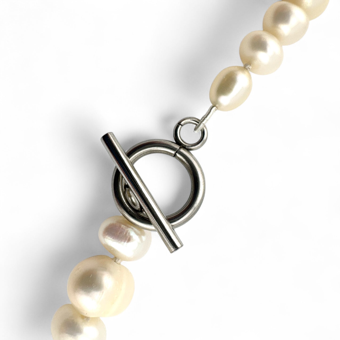 Mismatched Cultured Pearl Necklace - Natural Colour - Collar Length - Silver Plated Fastening