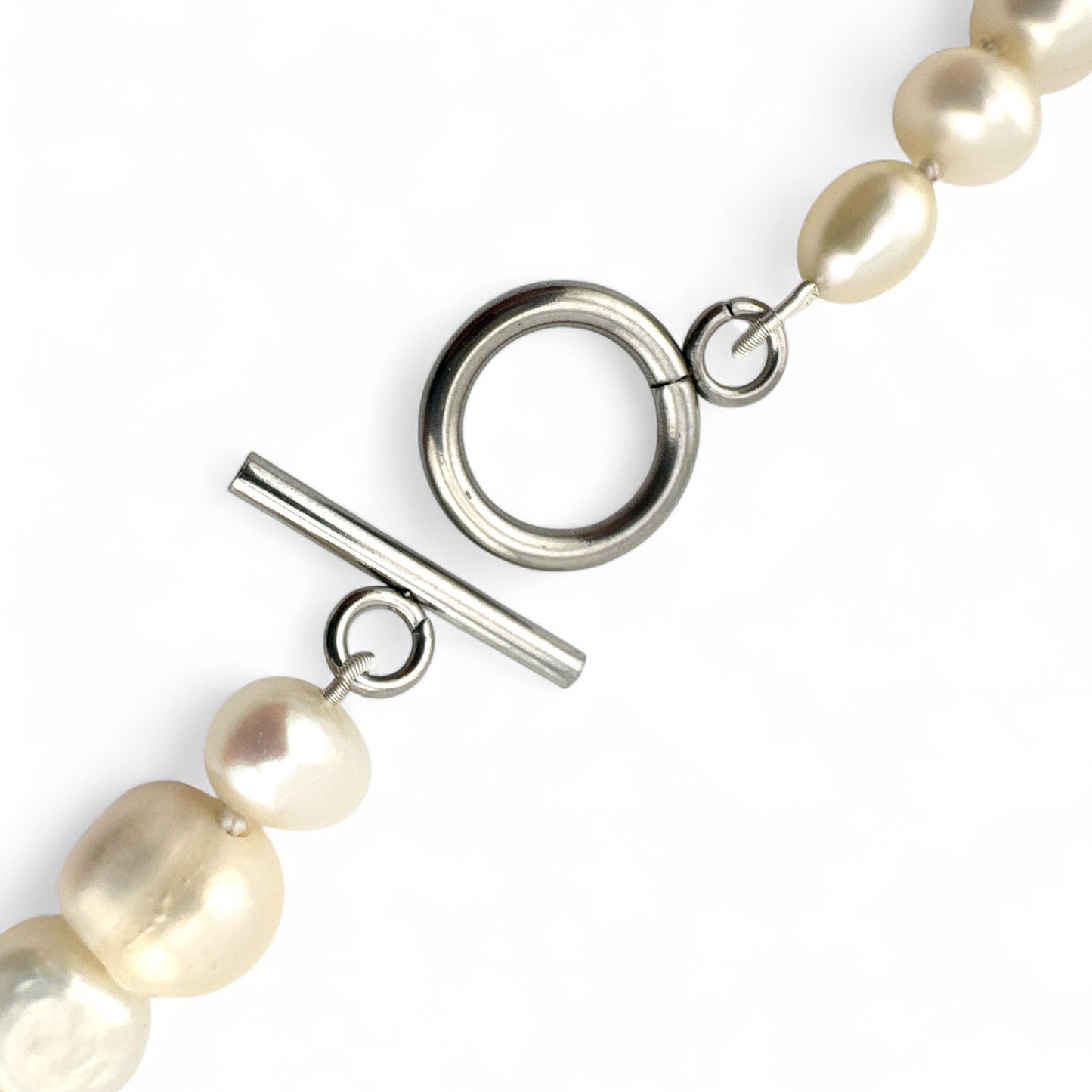 Mismatched Cultured Pearl Necklace - Natural Colour - Collar Length - Silver Plated Fastening