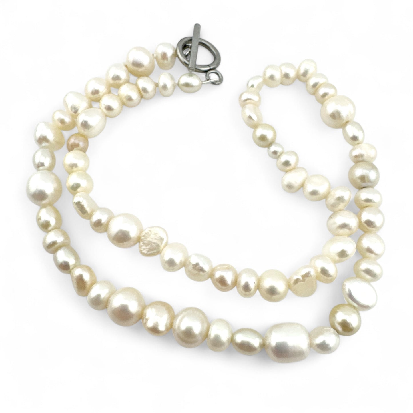 Mismatched Cultured Pearl Necklace - Natural Colour - Collar Length - Silver Plated Fastening