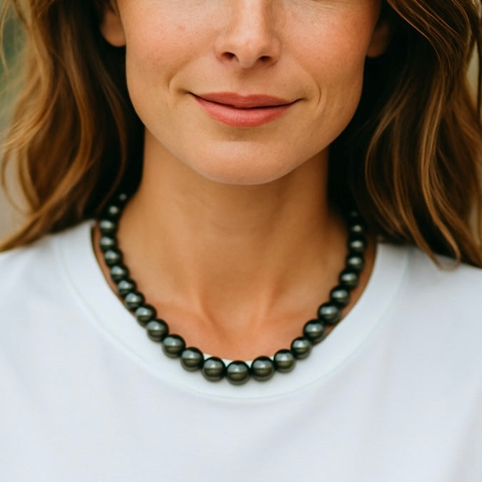 Peacock Cultured Pearl Necklace - Black Pearls - Hand Knotted - Collar Length - Silver Plated Clasp