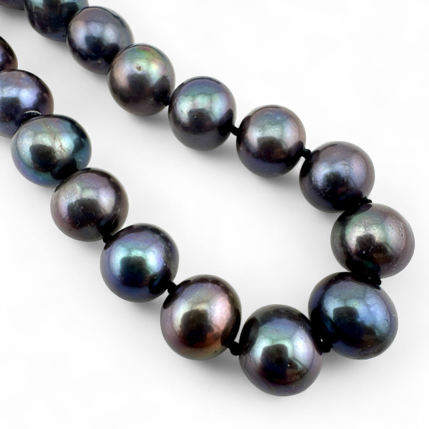 Peacock Cultured Pearl Necklace - Black Pearls - Hand Knotted - Collar Length - Silver Plated Clasp