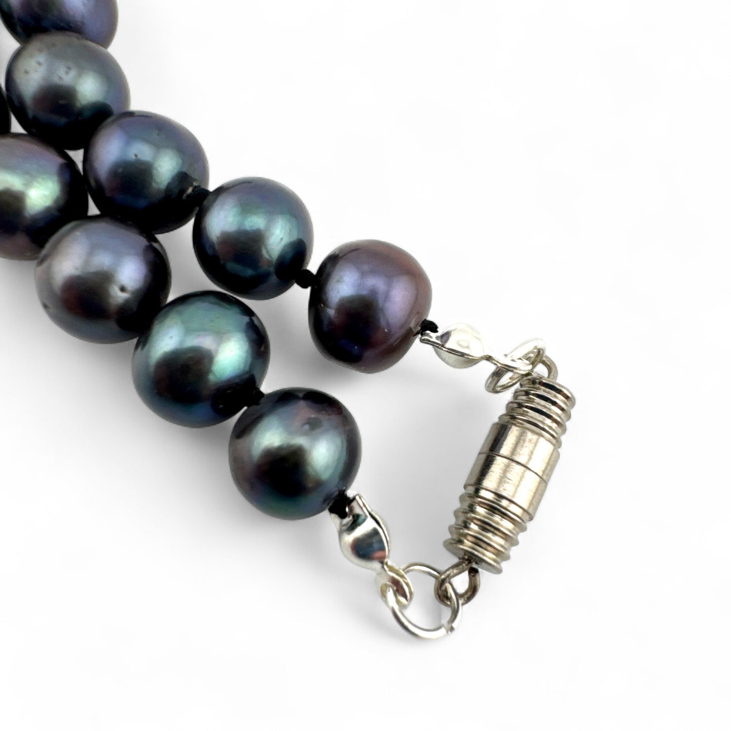 Peacock Cultured Pearl Necklace - Black Pearls - Hand Knotted - Collar Length - Silver Plated Clasp