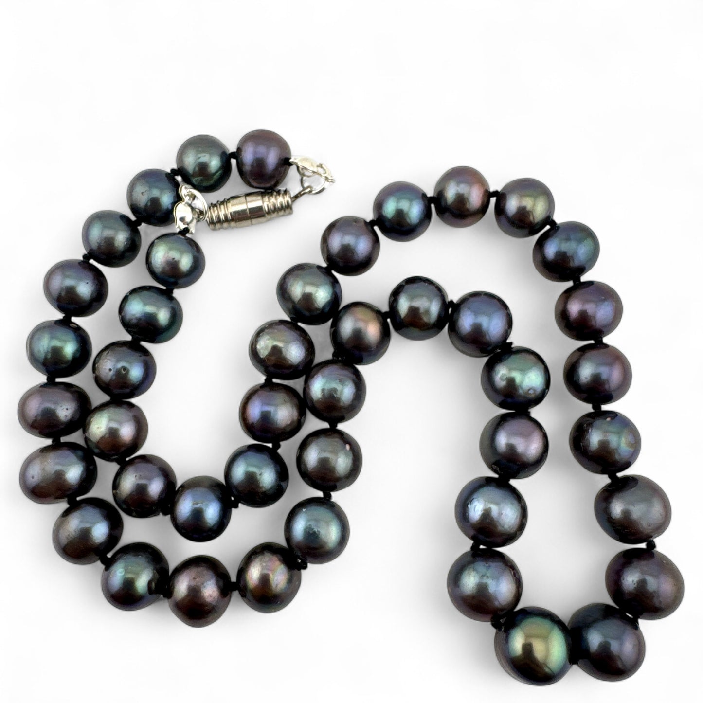 Peacock Cultured Pearl Necklace - Black Pearls - Hand Knotted - Collar Length - Silver Plated Clasp
