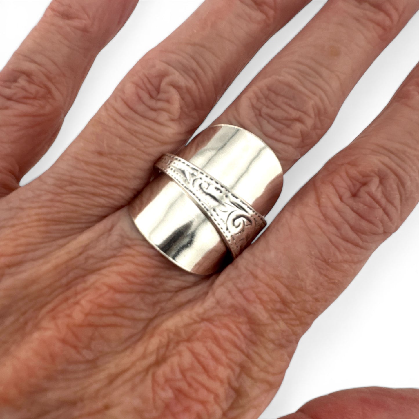 Antique 1907 Birmingham Silver Spoon Ring – Hand Engraved Sterling Silver, Hallmarked & Certified, Custom Size