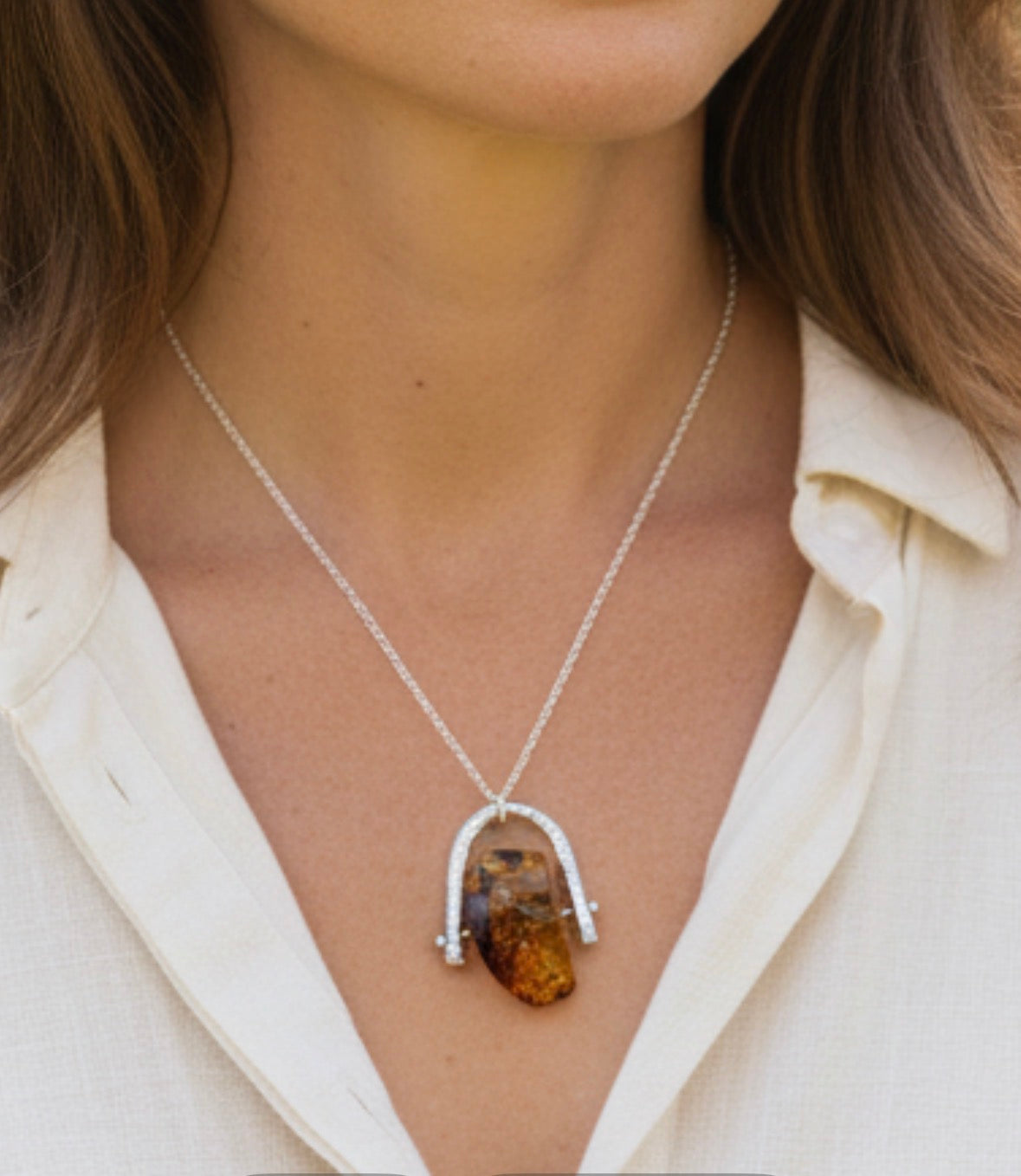 Recycled Silver Amber Spinner Necklace – Handmade Amber Fidget Pendant