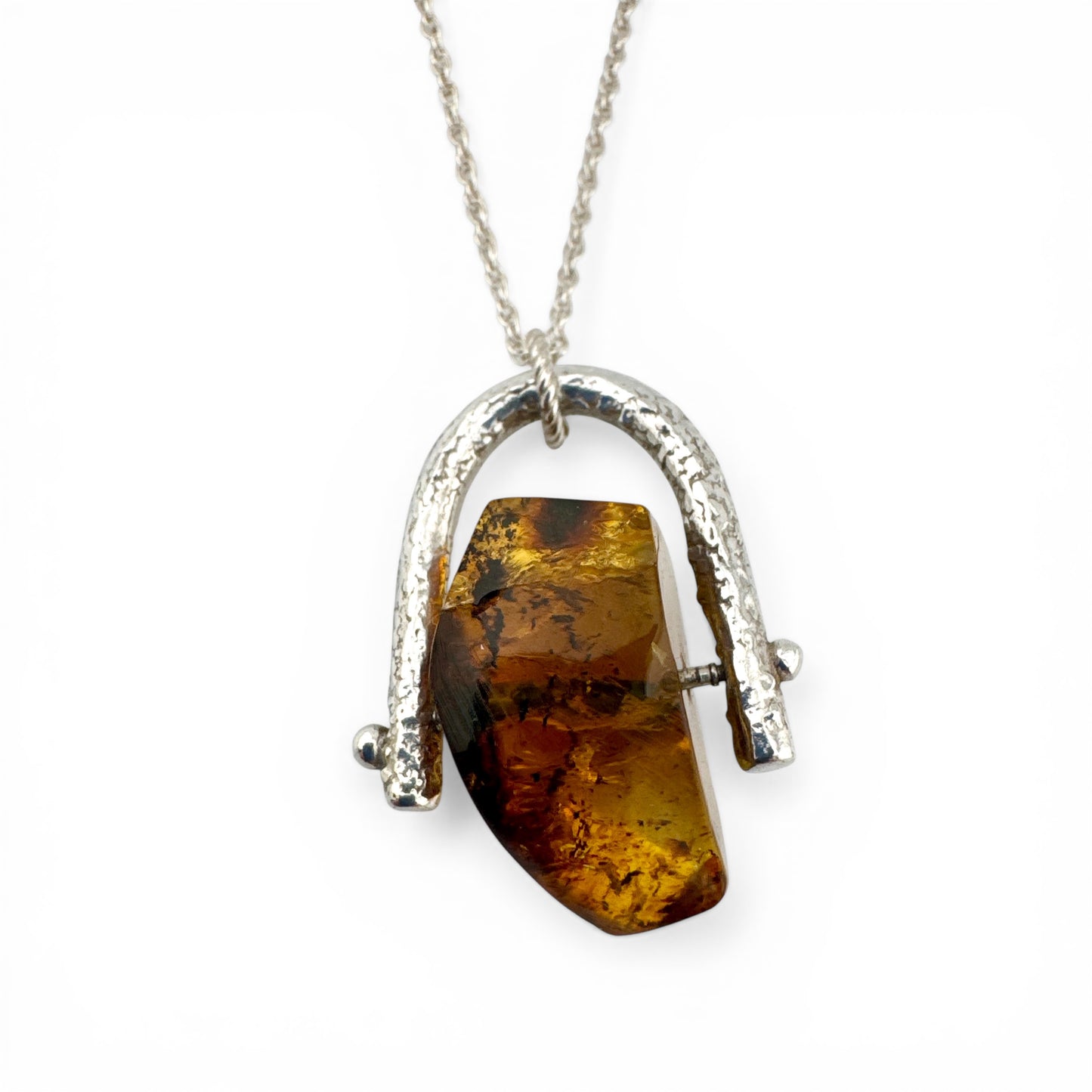 Recycled Silver Amber Spinner Necklace – Handmade Amber Fidget Pendant