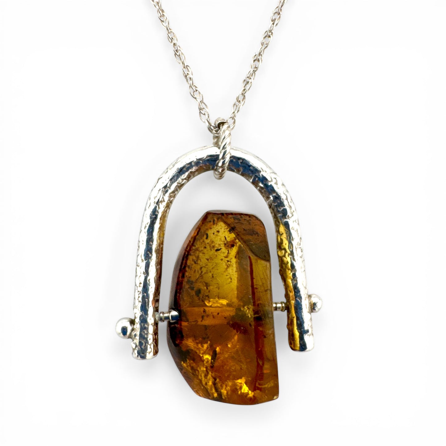 Recycled Silver Amber Spinner Necklace – Handmade Amber Fidget Pendant
