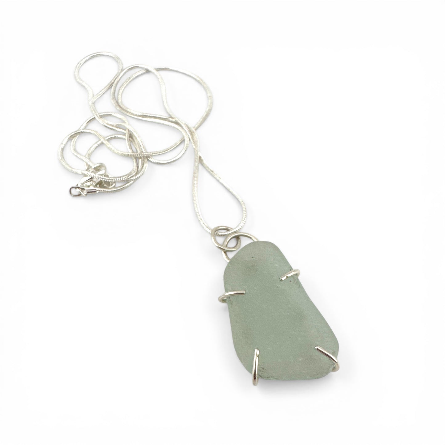 Pale Green Sea Glass Pendant Necklace – Recycled Sterling Silver, Handmade UK Coastal Jewellery