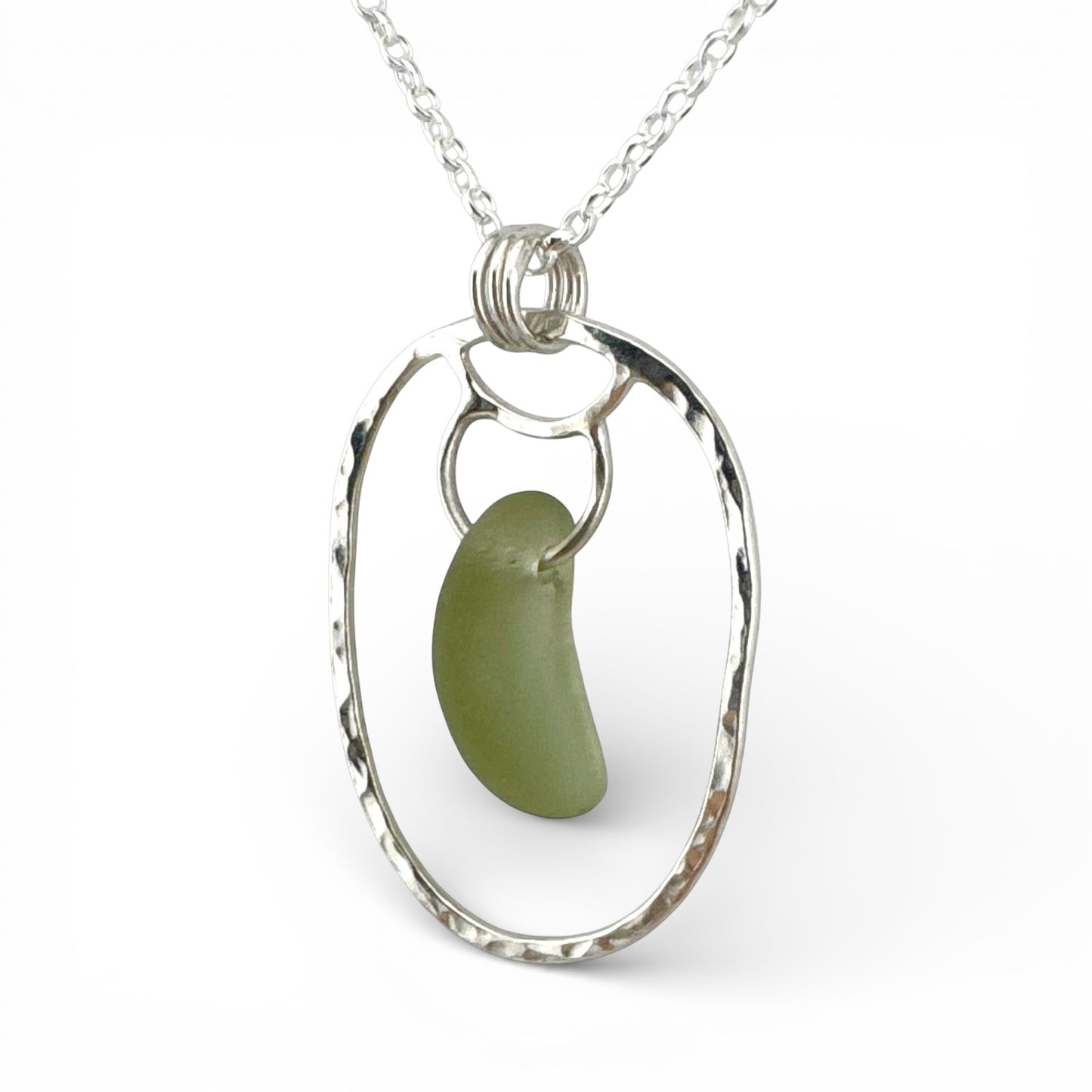 Green Sea Glass Pendant Necklace in Recycled Sterling Silver – Handmade Suffolk Seaglass
