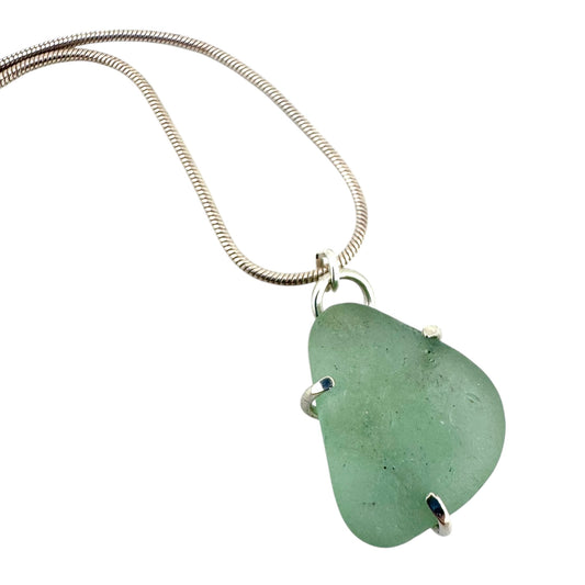 Suffolk Sea Glass Necklace – Pale Green Pendant in Recycled Sterling Silver