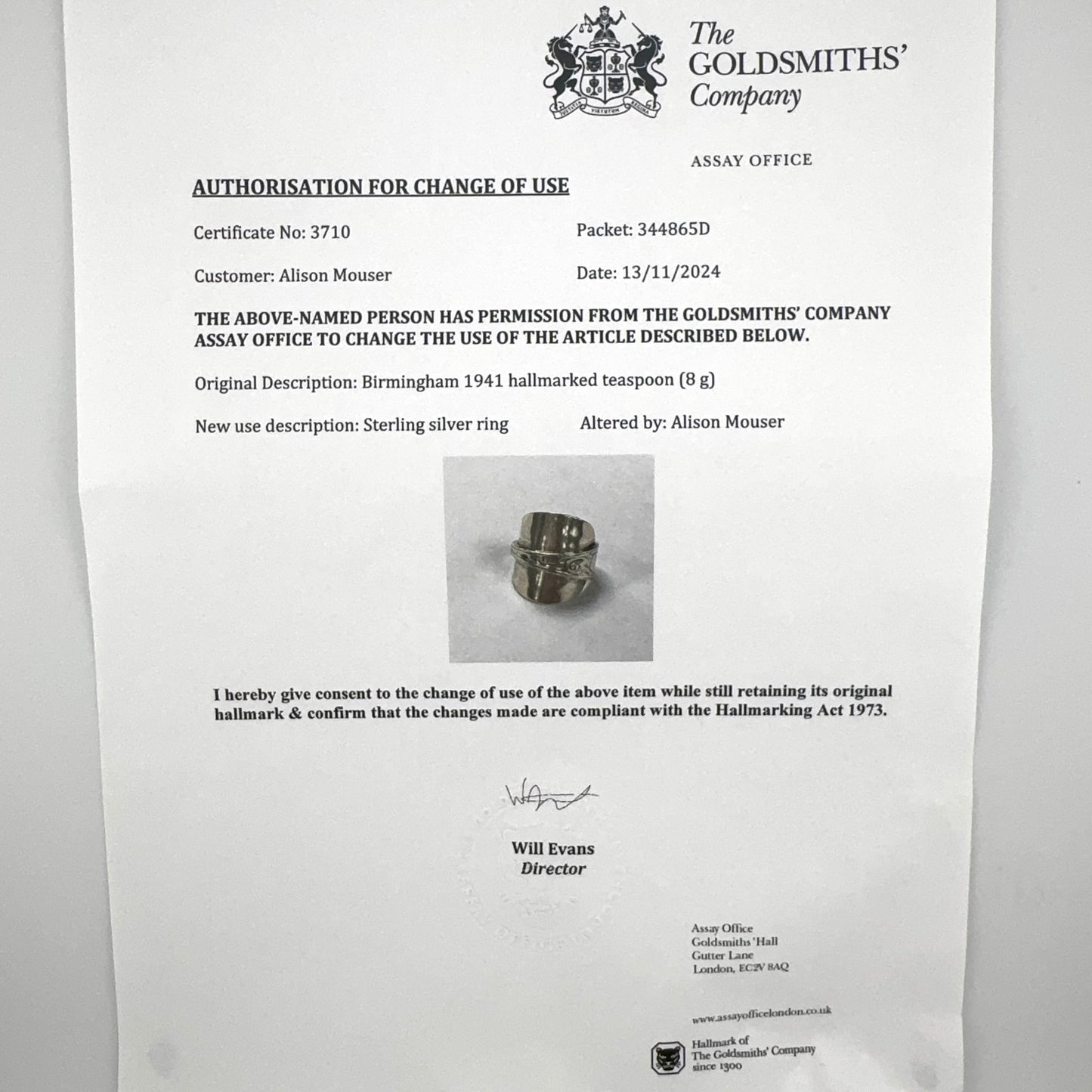 Antique 1907 Birmingham Silver Spoon Ring – Hand Engraved Sterling Silver, Hallmarked & Certified, Custom Size