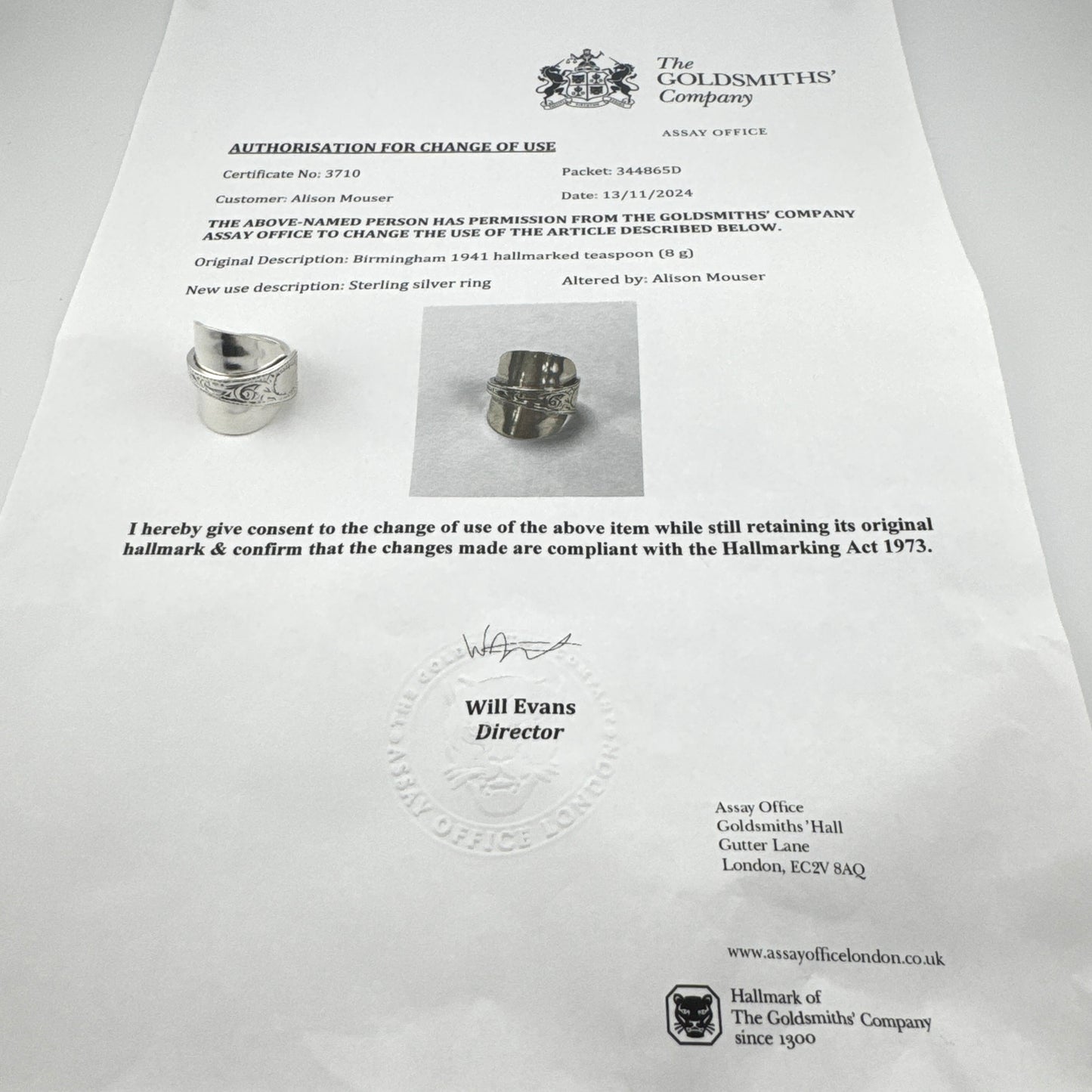 Antique 1907 Birmingham Silver Spoon Ring – Hand Engraved Sterling Silver, Hallmarked & Certified, Custom Size