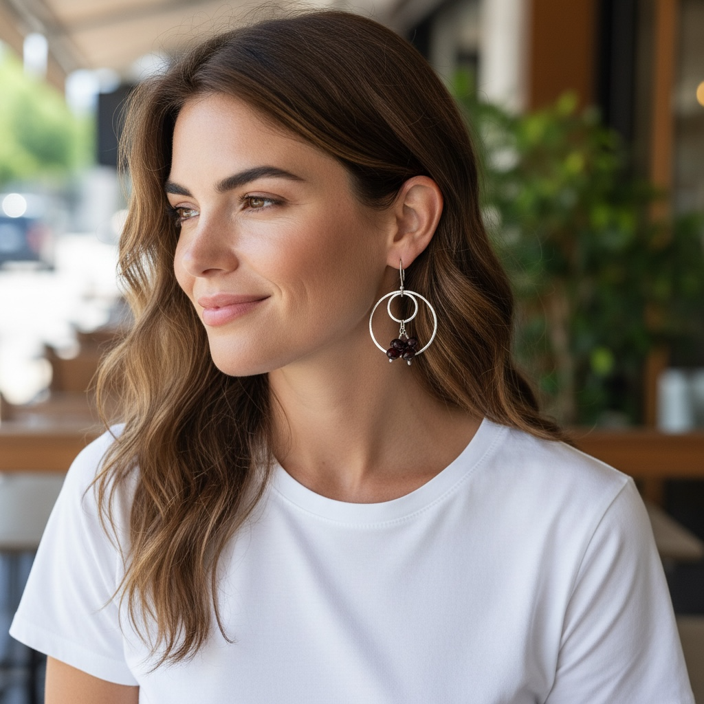 Garnet Sterling Silver Hoop Earrings – January Birthstone Gemstone Drops