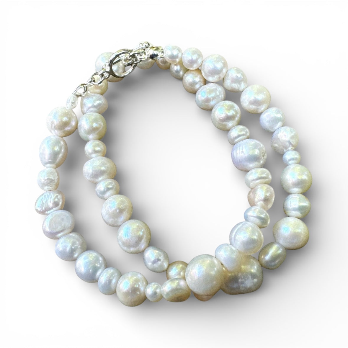 Baroque Freshwater Pearl Double-Wrap Bracelet with Silver Plated Toggle