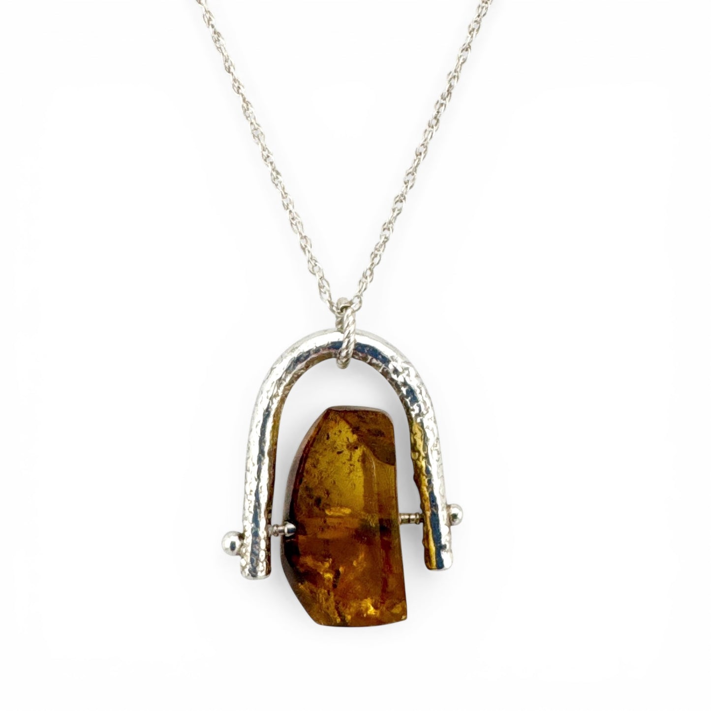 Recycled Silver Amber Spinner Necklace – Handmade Amber Fidget Pendant