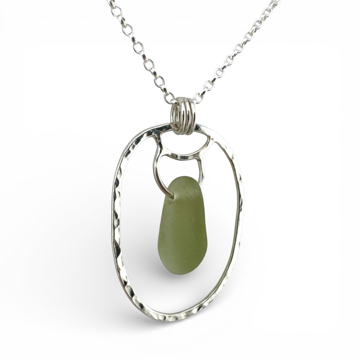 Green Sea Glass Pendant Necklace in Recycled Sterling Silver – Handmade Suffolk Seaglass