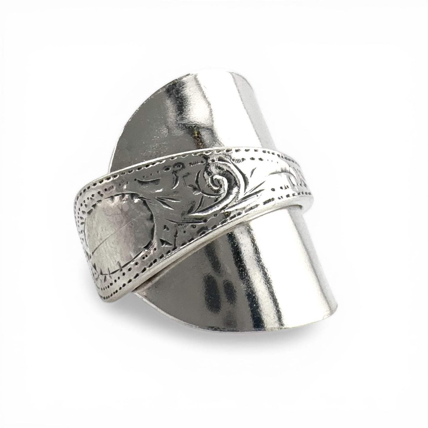 Antique 1907 Birmingham Silver Spoon Ring – Hand Engraved Sterling Silver, Hallmarked & Certified, Custom Size