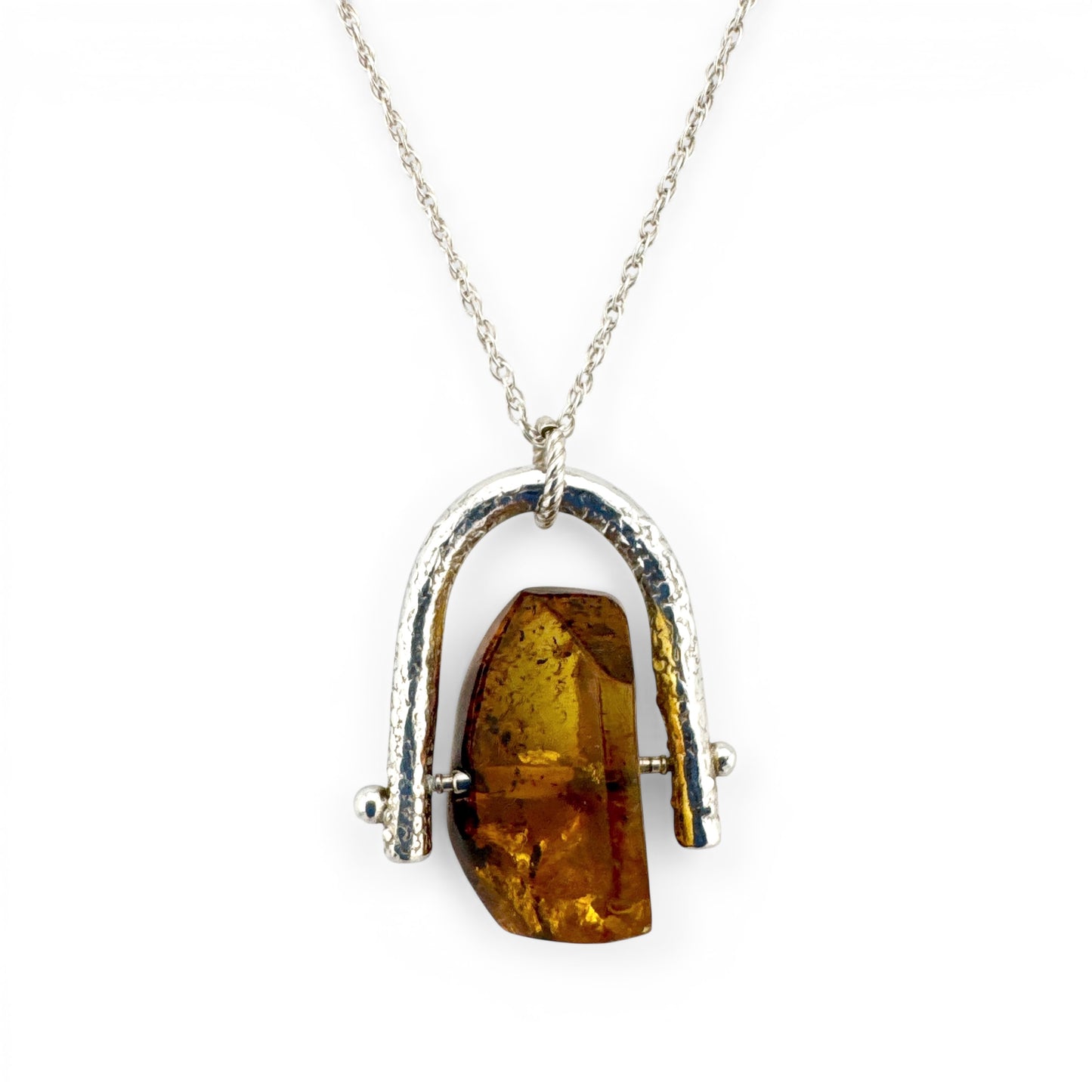 Recycled Silver Amber Spinner Necklace – Handmade Amber Fidget Pendant