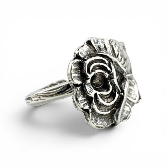 Vintage 800 Silver Rose Spoon Ring | Handmade Floral Statement Ring