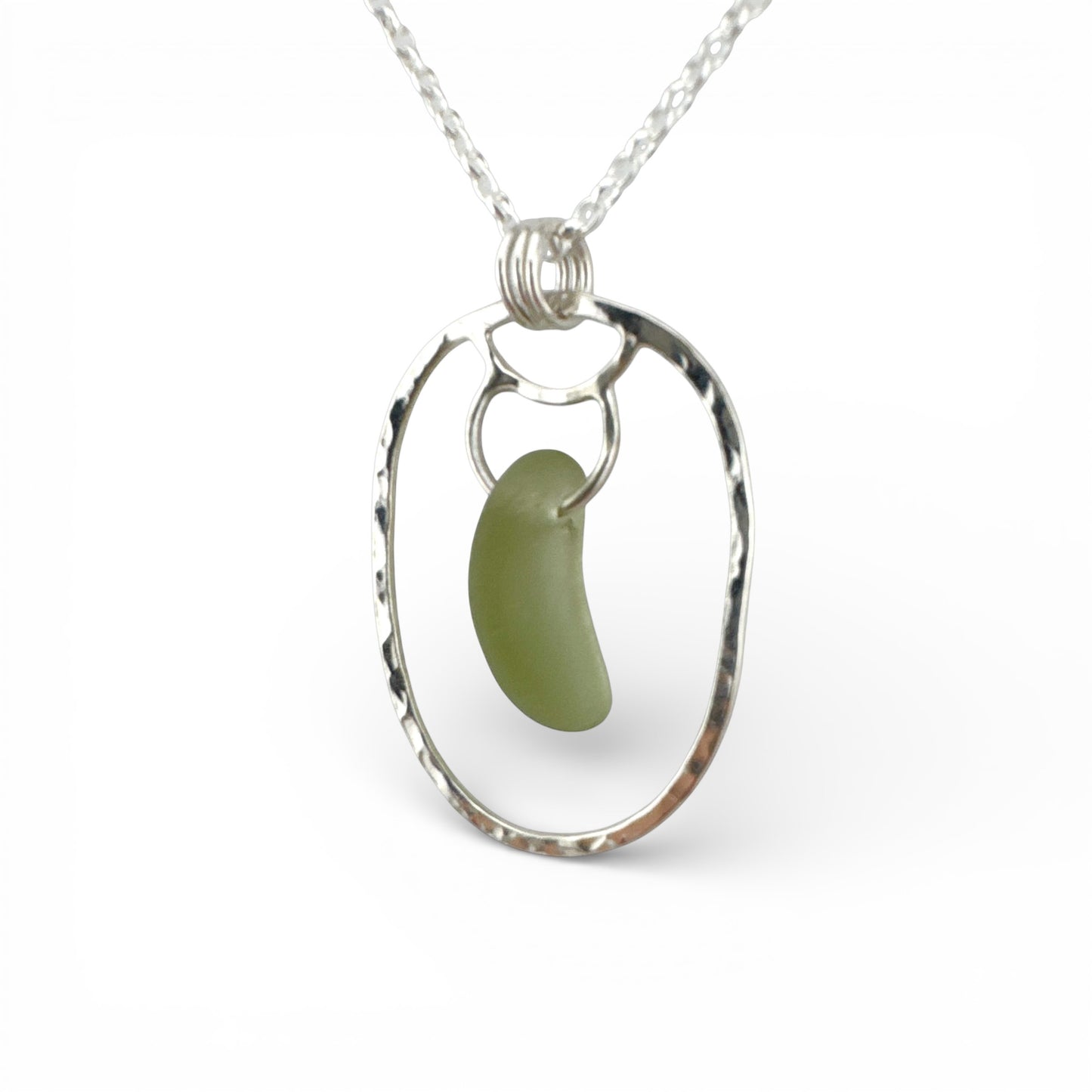 Green Sea Glass Pendant Necklace in Recycled Sterling Silver – Handmade Suffolk Seaglass