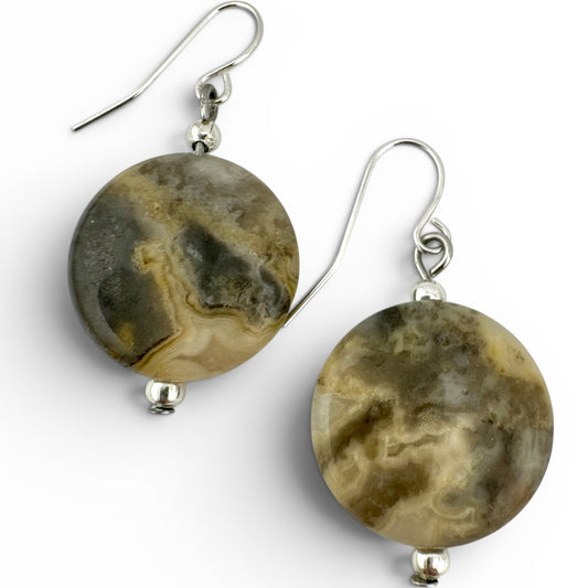 Reclaimed Agate Disc Drop Earrings in Recycled Silver