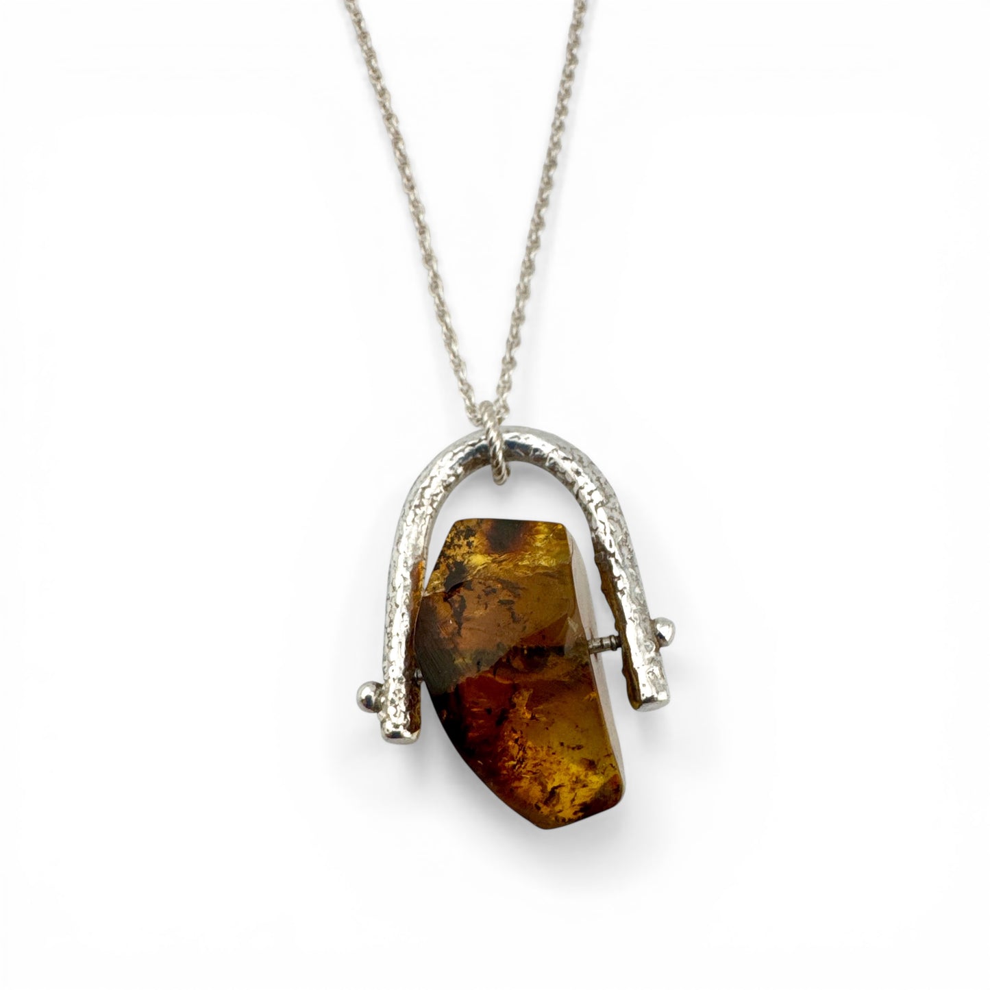 Recycled Silver Amber Spinner Necklace – Handmade Amber Fidget Pendant