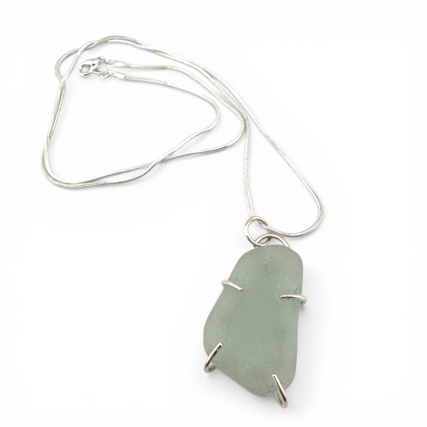 Pale Green Sea Glass Pendant Necklace – Recycled Sterling Silver, Handmade UK Coastal Jewellery
