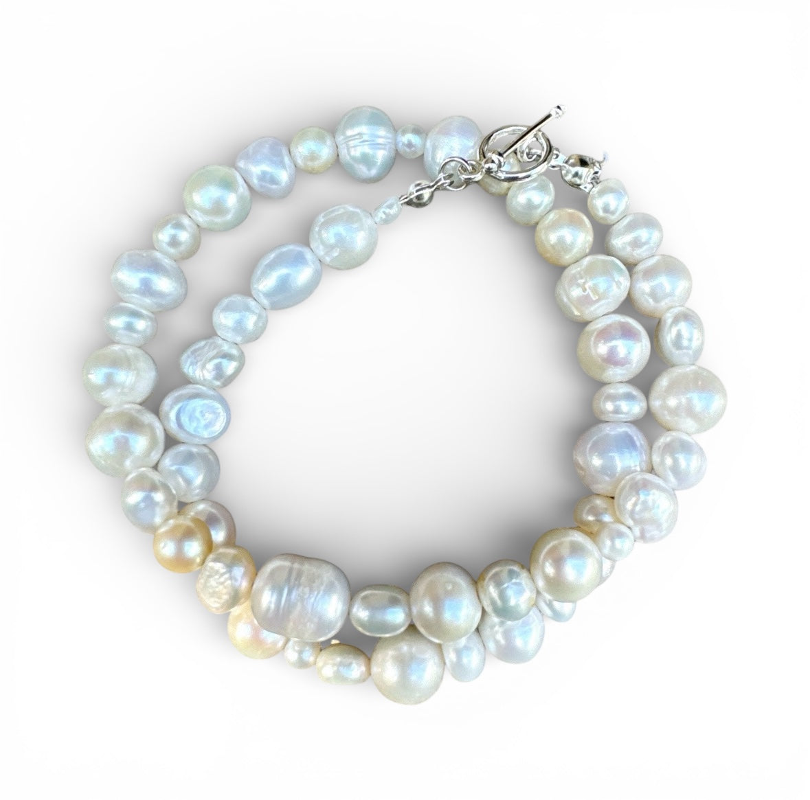 Baroque Freshwater Pearl Double-Wrap Bracelet with Silver Plated Toggle