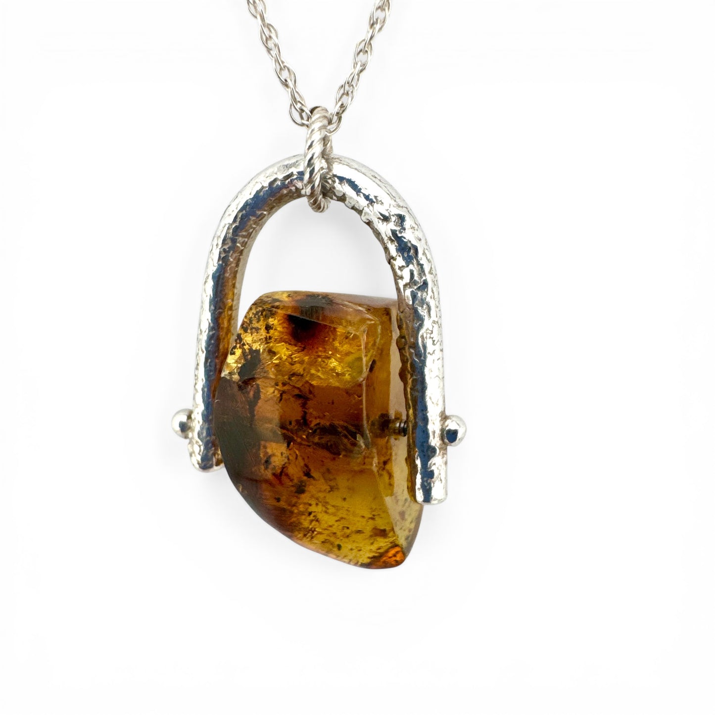 Recycled Silver Amber Spinner Necklace – Handmade Amber Fidget Pendant