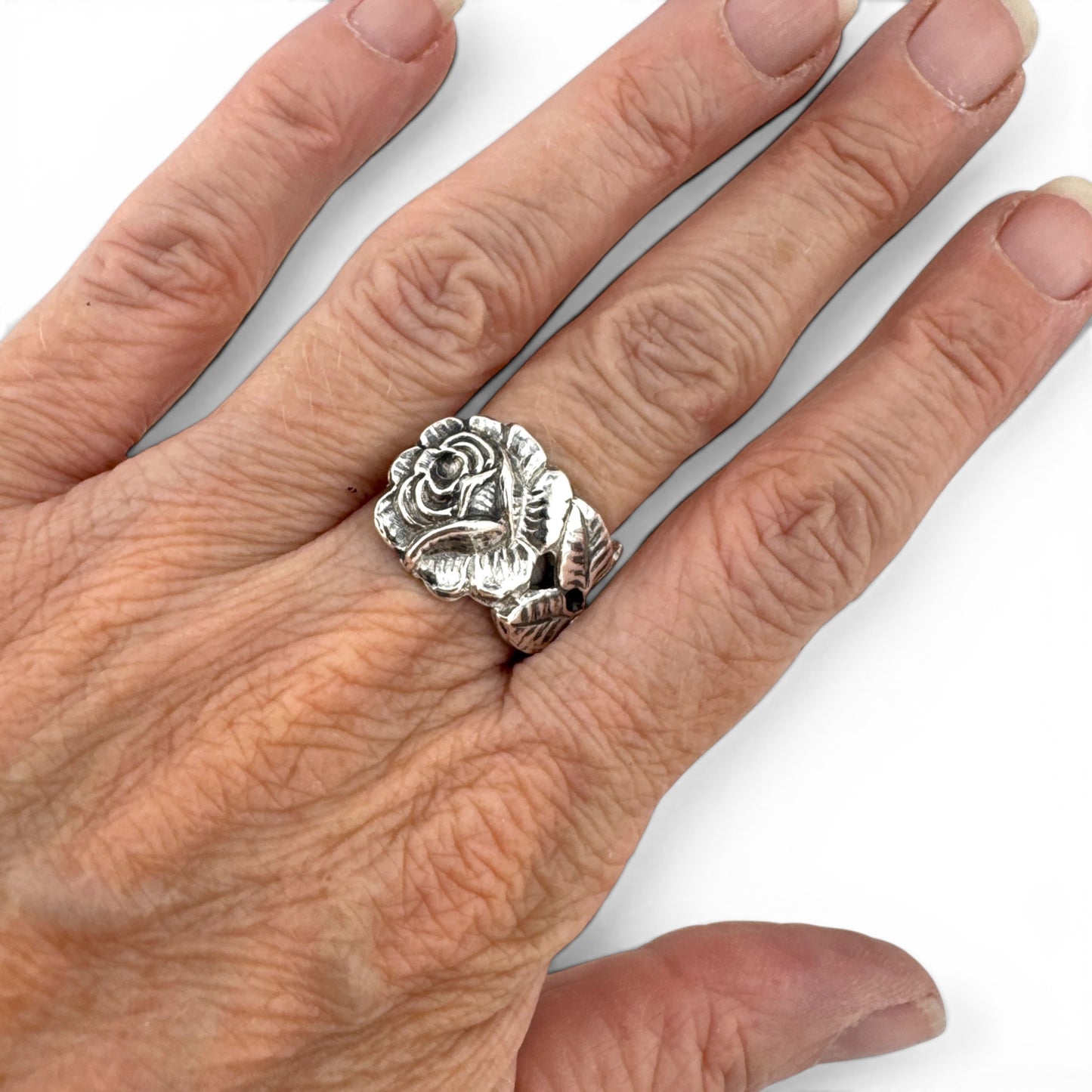 Vintage 800 Silver Rose Spoon Ring | Handmade Floral Statement Ring
