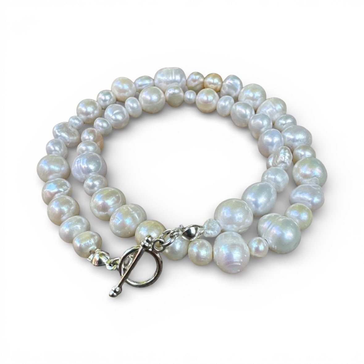 Baroque Freshwater Pearl Double-Wrap Bracelet with Silver Plated Toggle