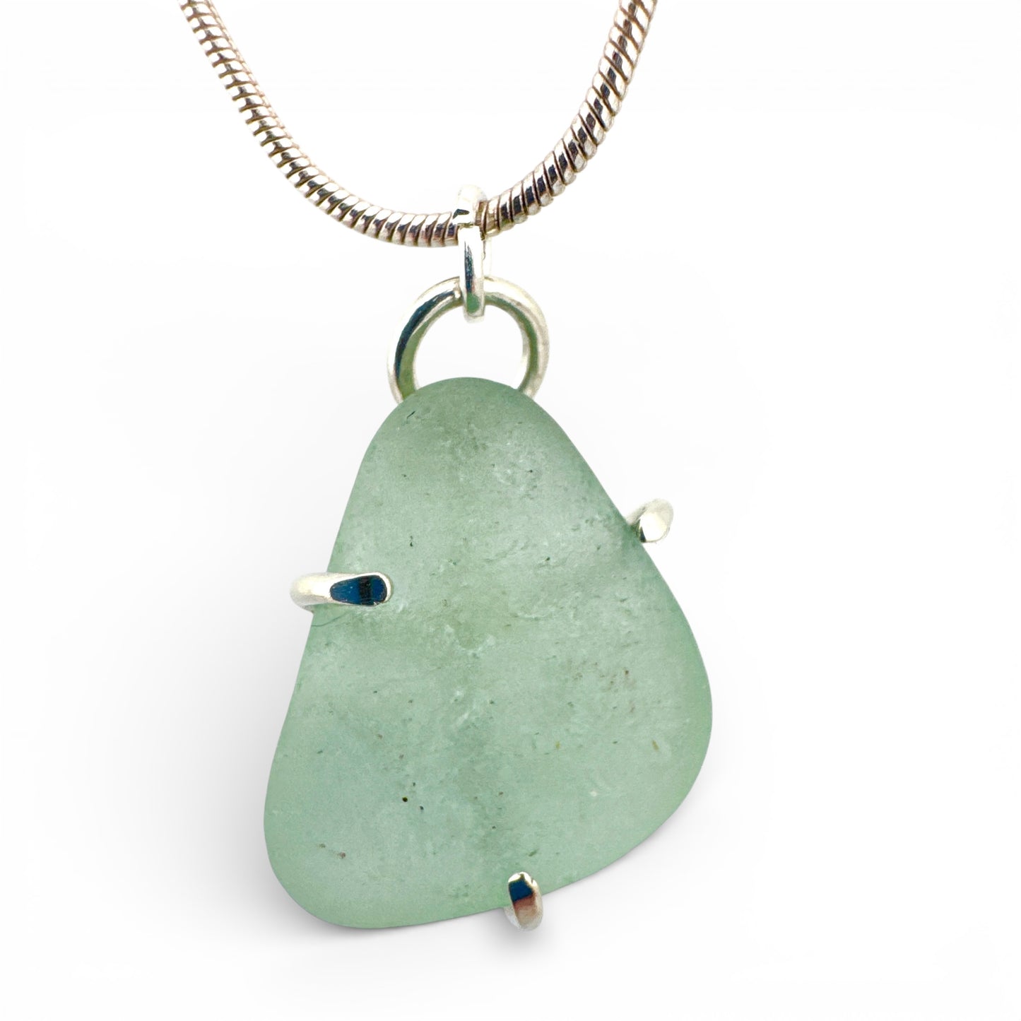 Suffolk Sea Glass Necklace – Pale Green Pendant in Recycled Sterling Silver