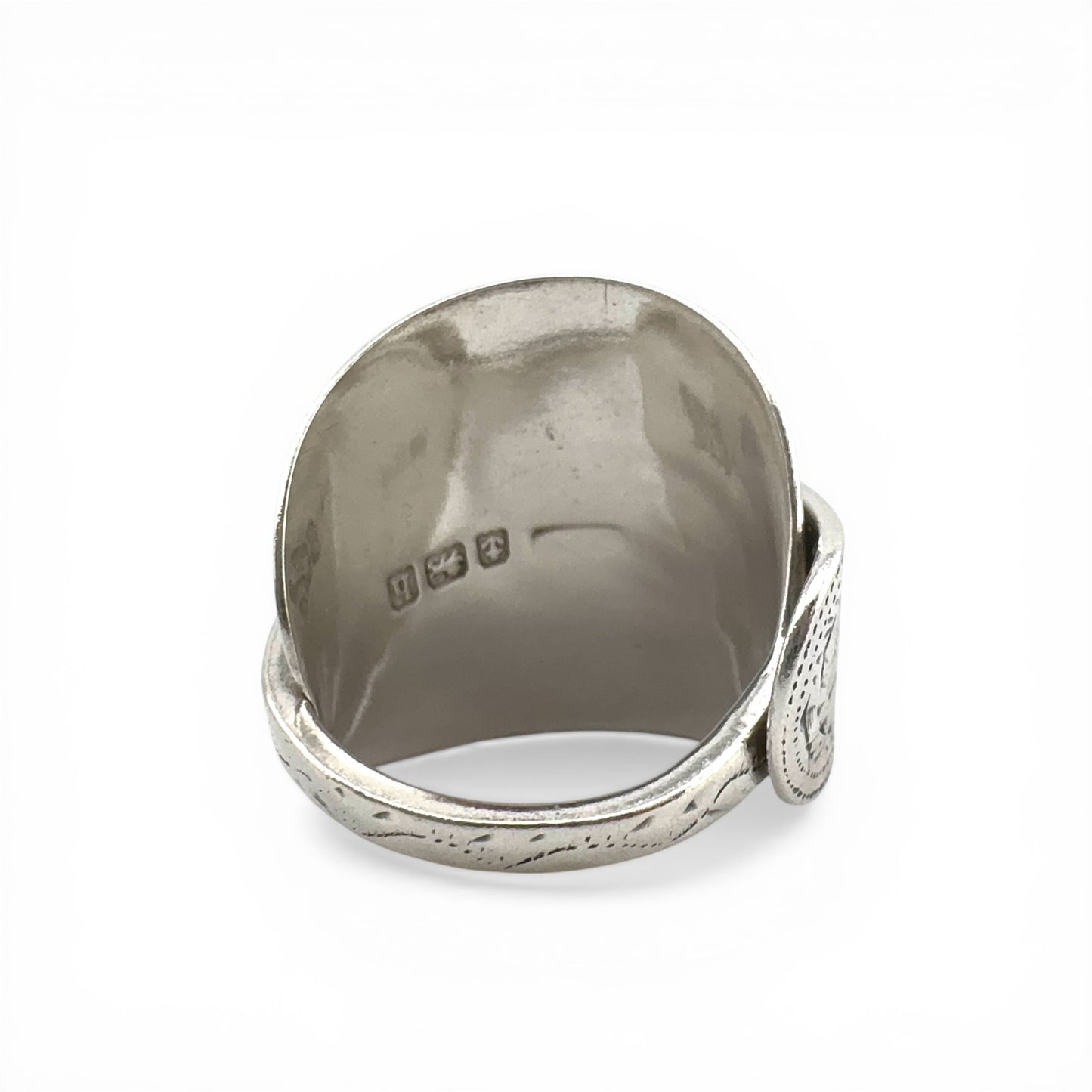 Antique 1907 Birmingham Silver Spoon Ring – Hand Engraved Sterling Silver, Hallmarked & Certified, Custom Size