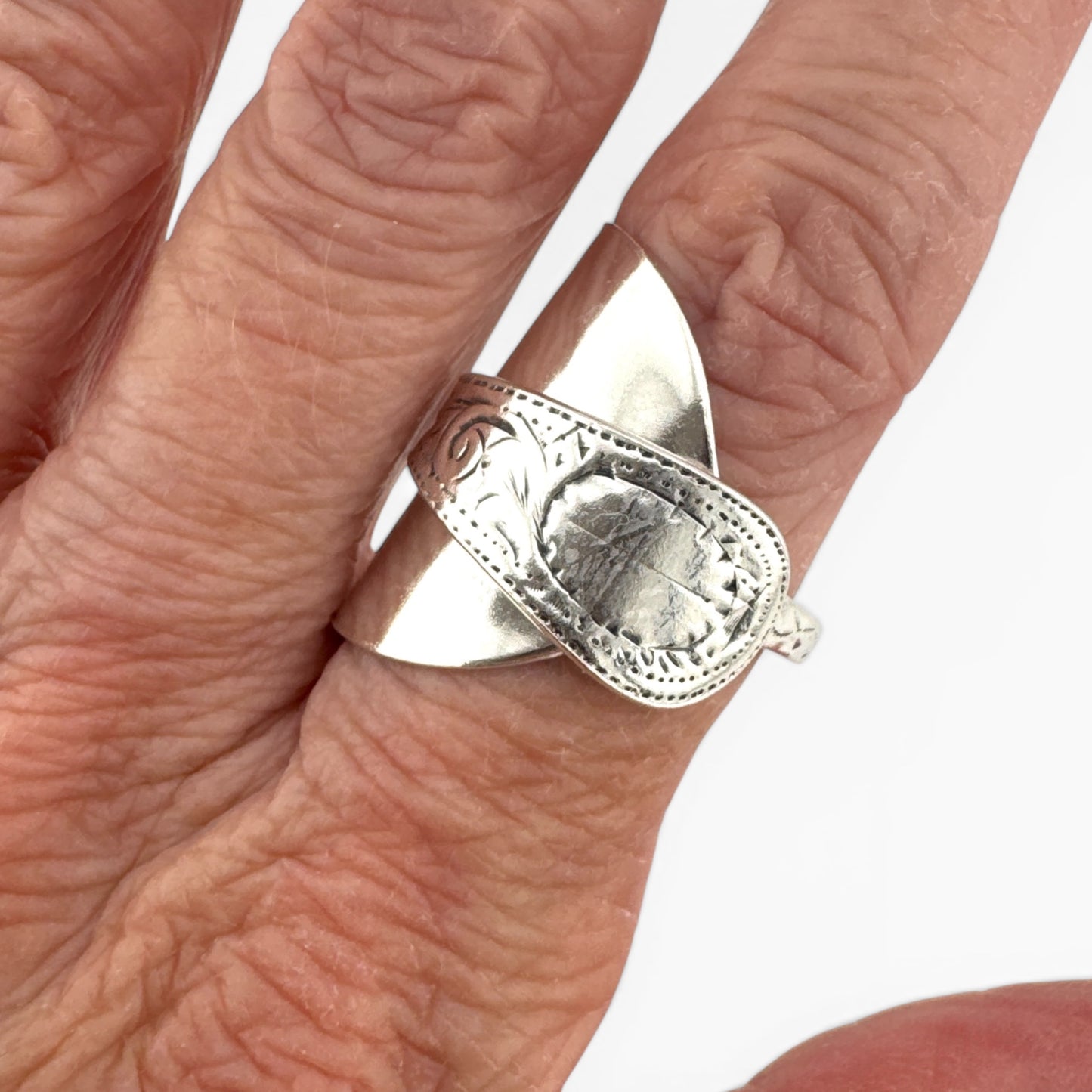 Antique 1907 Birmingham Silver Spoon Ring – Hand Engraved Sterling Silver, Hallmarked & Certified, Custom Size