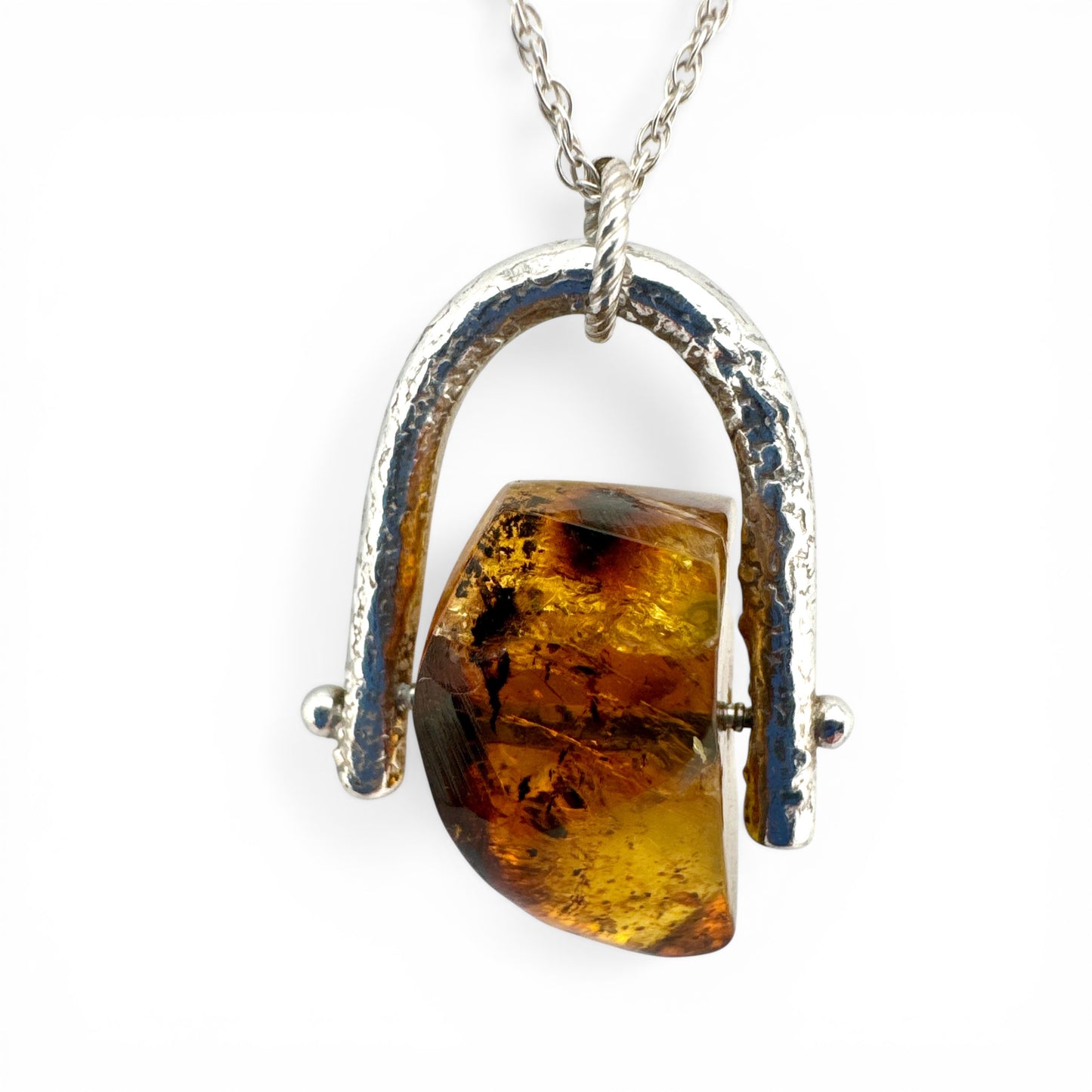 Recycled Silver Amber Spinner Necklace – Handmade Amber Fidget Pendant