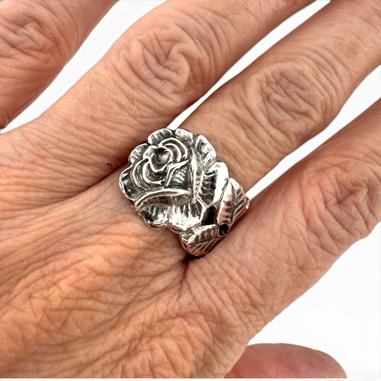 Vintage 800 Silver Rose Spoon Ring | Handmade Floral Statement Ring