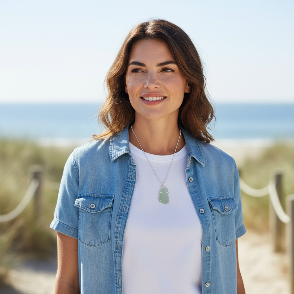 Pale Green Sea Glass Pendant Necklace – Recycled Sterling Silver, Handmade UK Coastal Jewellery