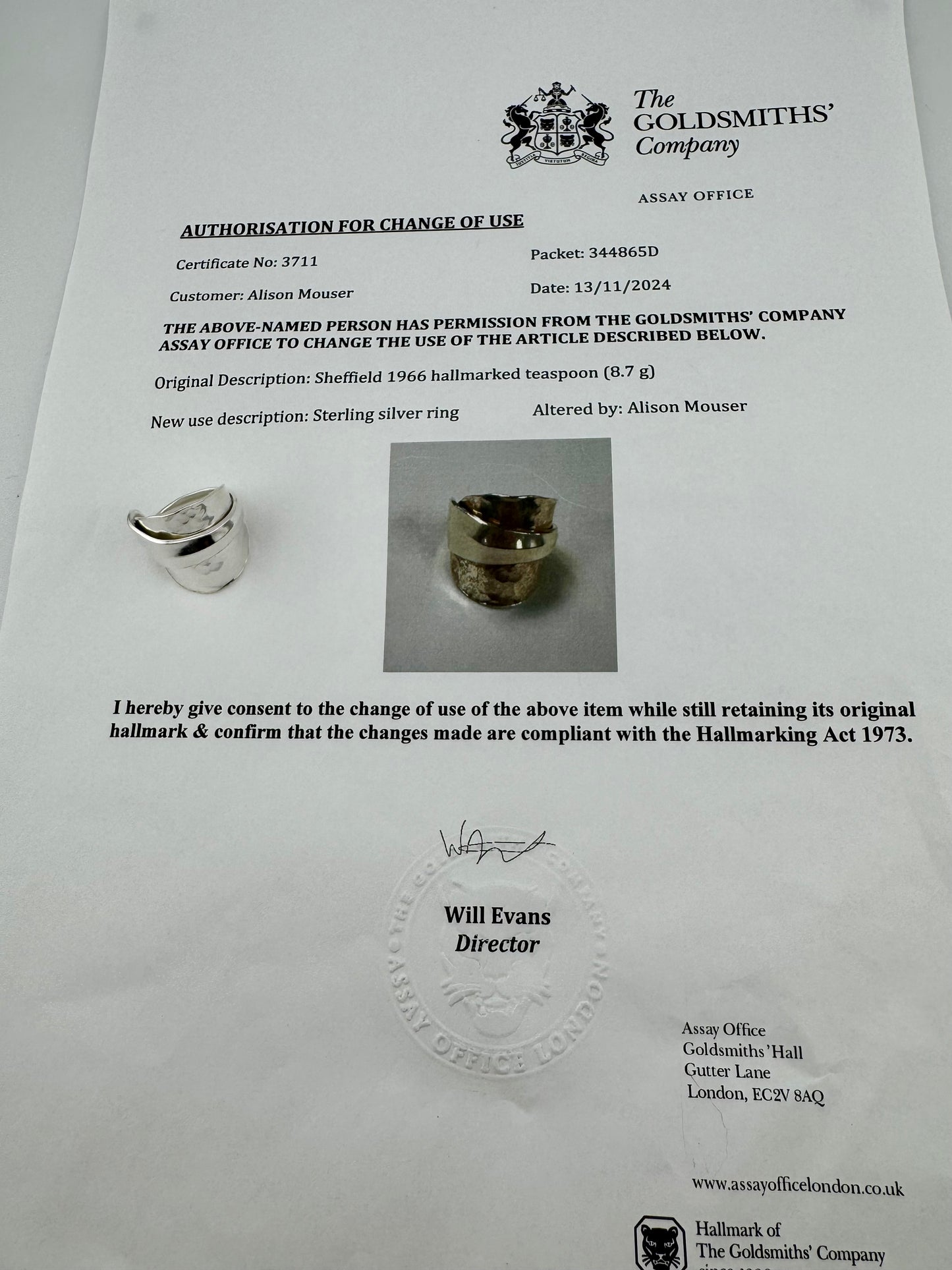 Vintage 1966 Sheffield Silver Spoon Ring – Hammered Sterling Silver, Double Hallmarked & Certified