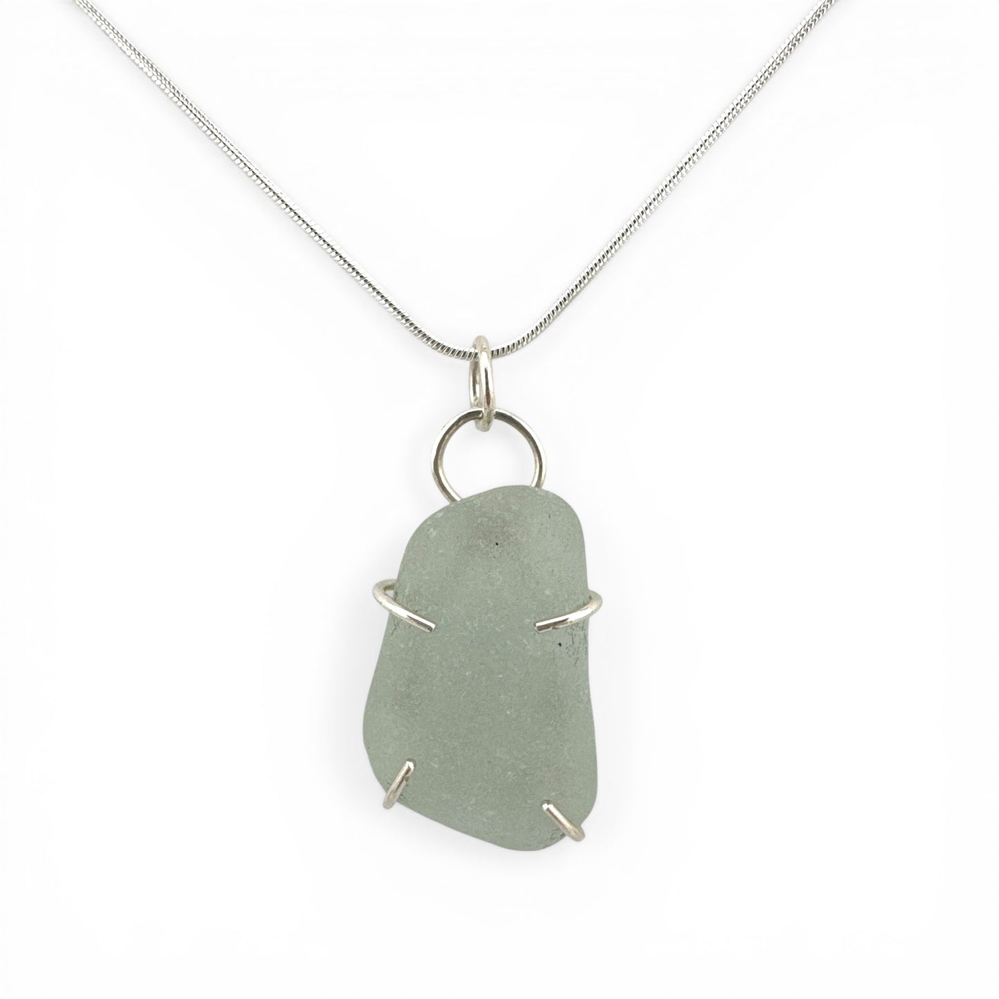 Pale Green Sea Glass Pendant Necklace – Recycled Sterling Silver, Handmade UK Coastal Jewellery