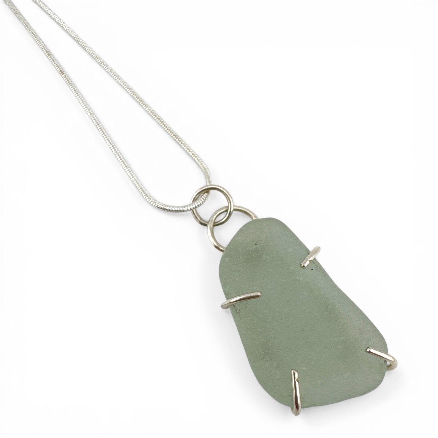 Pale Green Sea Glass Pendant Necklace – Recycled Sterling Silver, Handmade UK Coastal Jewellery