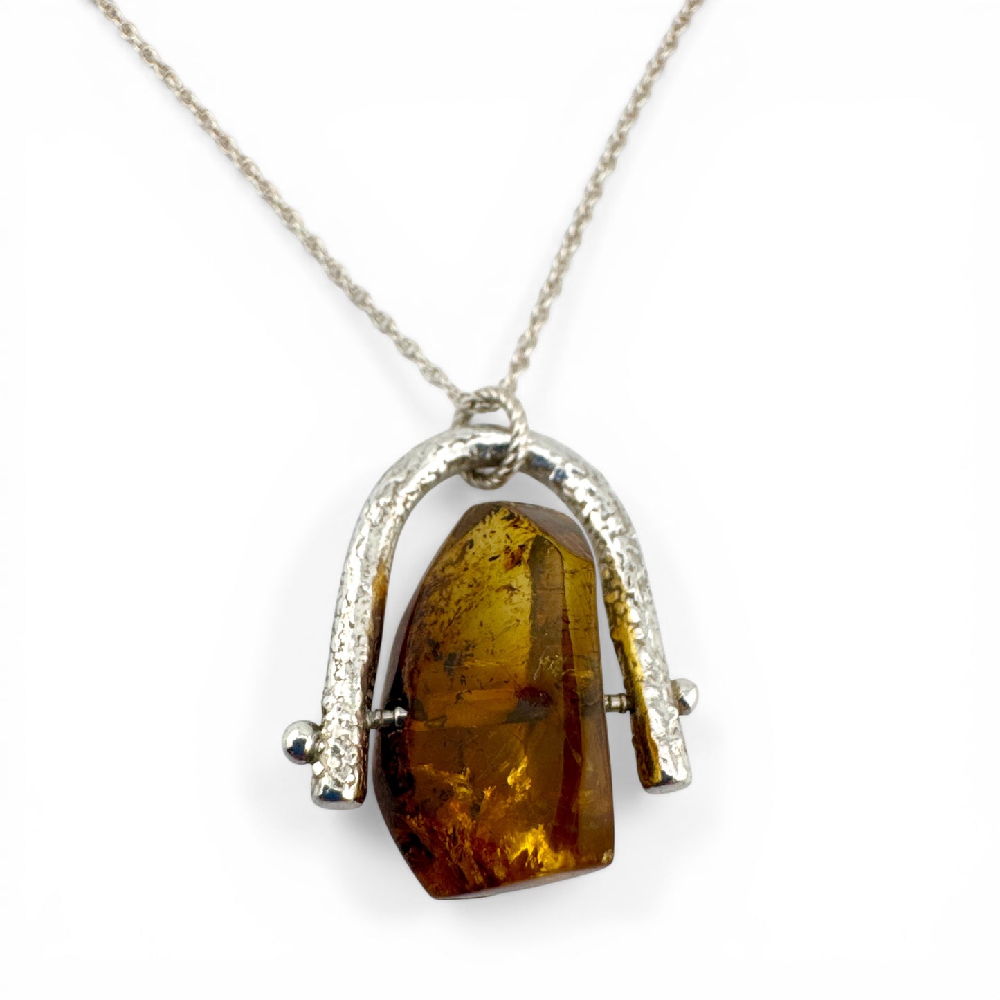 Recycled Silver Amber Spinner Necklace – Handmade Amber Fidget Pendant