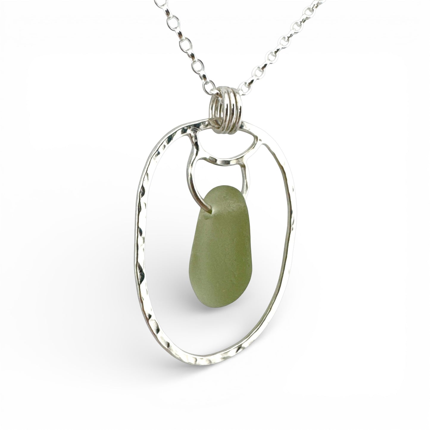 Green Sea Glass Pendant Necklace in Recycled Sterling Silver – Handmade Suffolk Seaglass
