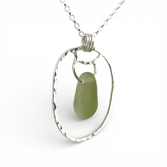 Green Sea Glass Pendant Necklace in Recycled Sterling Silver – Handmade Suffolk Seaglass