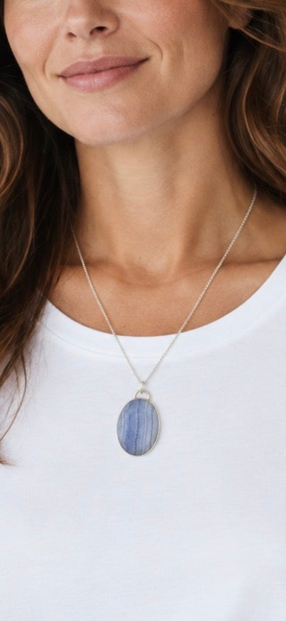 Blue Lace Agate Pendant in Recycled Sterling Silver
