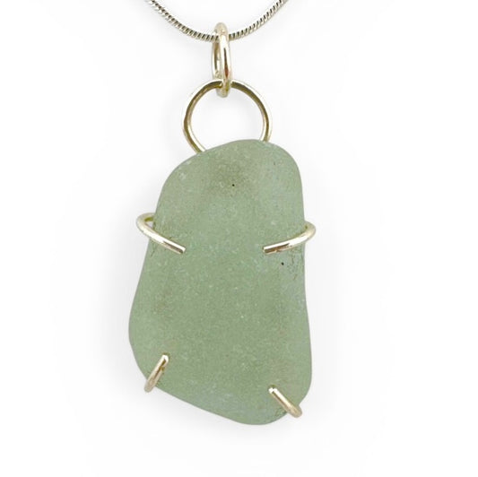Pale Green Sea Glass Pendant Necklace – Recycled Sterling Silver, Handmade UK Coastal Jewellery