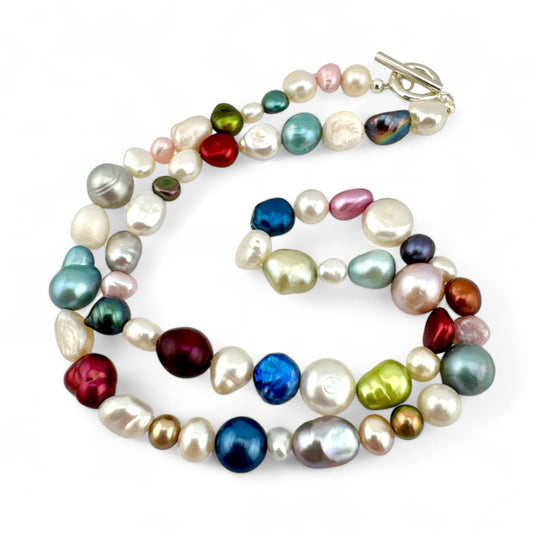 Mismatched Cultured Pearl Necklace - Multi-Coloured - Collar Length